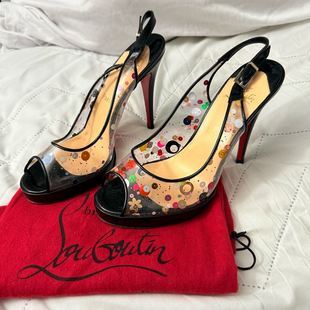 Christian Louboutin “UN BOUT” PVC Sequin Slingback Peep Toe Heels – Size 40.5